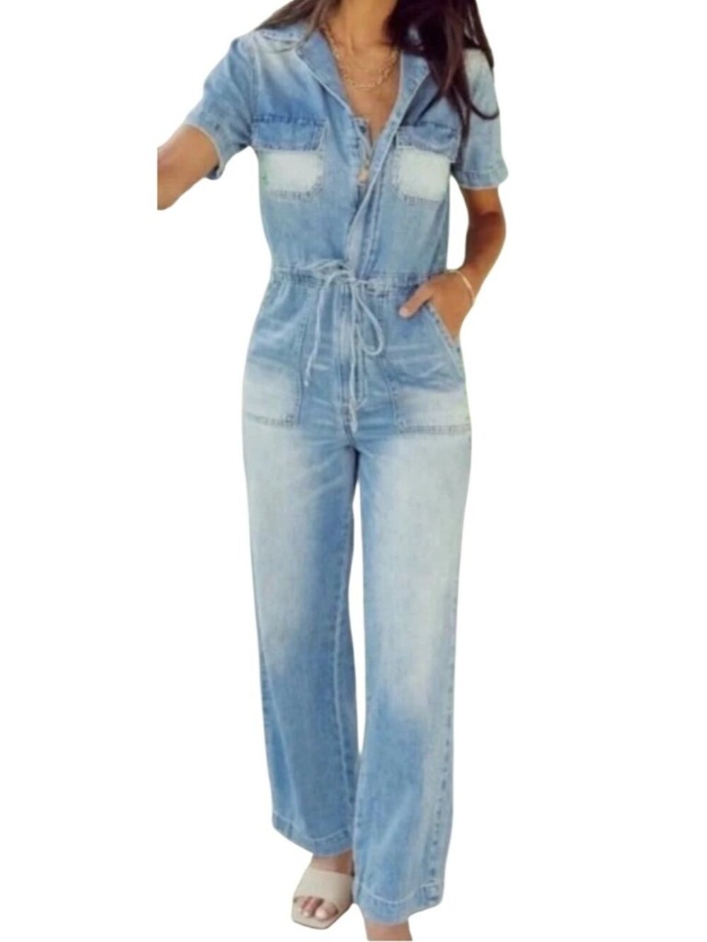 KanCan Aviator Denim Jumpsuit Sz S Wide Leg Short Sleeve 6 Pockets Cotton Womens